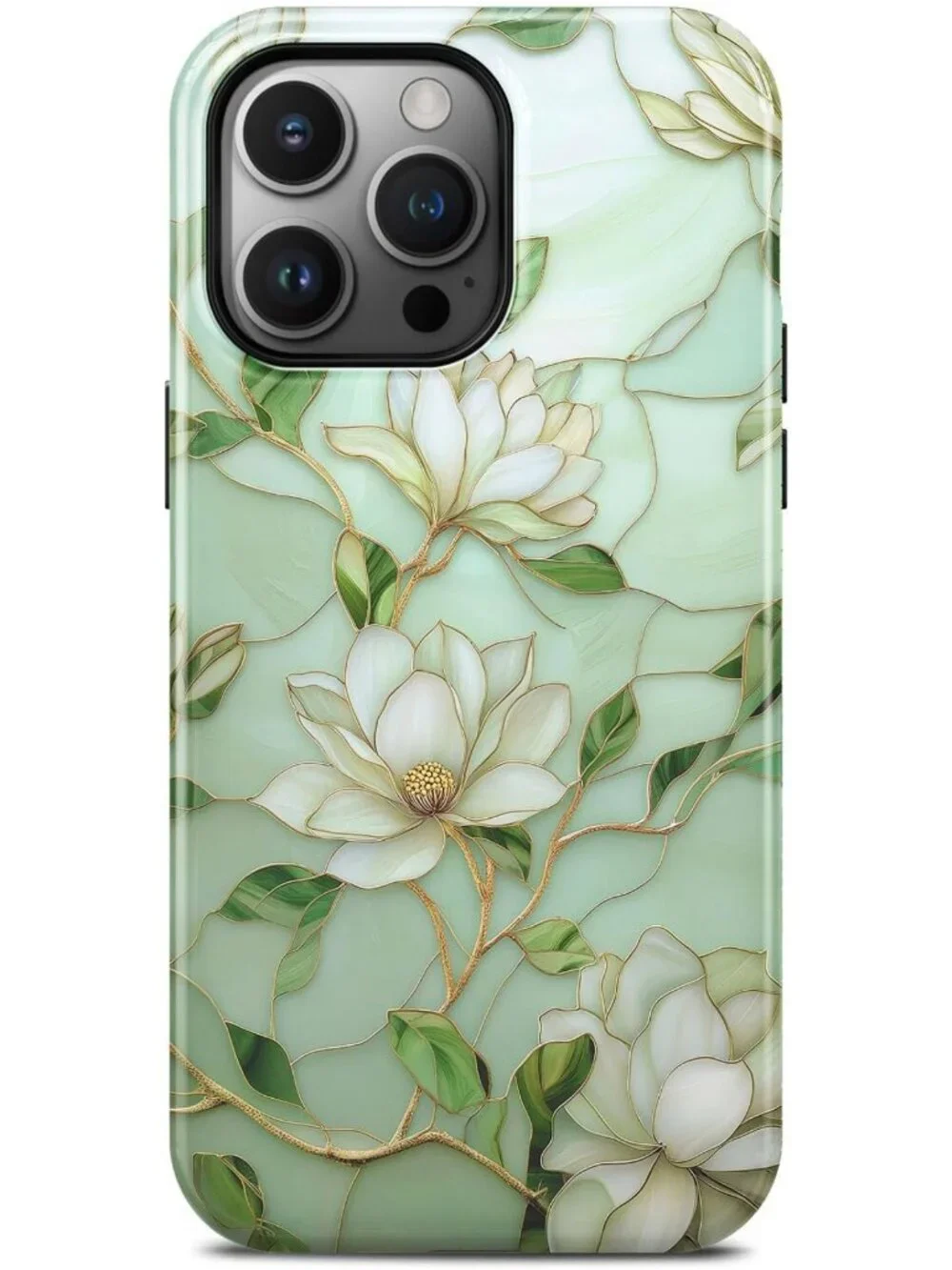 Elegant Green Floral Stained Glass iPhone 15 Pro Case, Slim & Shockproof